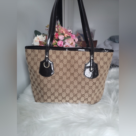 Gucci Jolie Tote GG monogram canvas brown small patent black trim - Picture 2 of 10